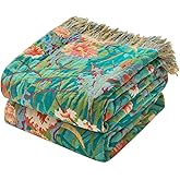 LUTBM Boho Throw Blanket for Bed Cotton Blankets Twin Size for Bedroom Living Room All Season Lightweight Floral Embroidery Reversible Quilt for Couch Sofa Chair 60"x 80" Home Decor