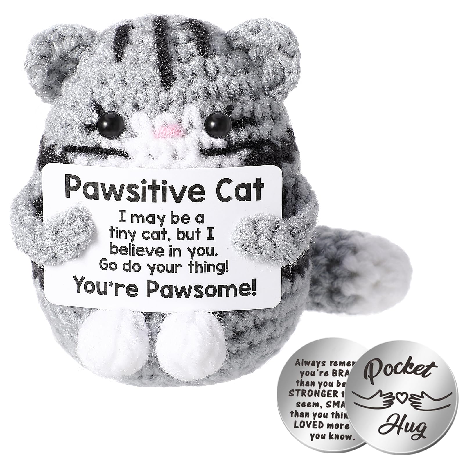 GSrenyu Emotional Support Crochet Gift Positive Cat with Positive Card Pocket Hug Coin Cat Lovers Birthday Gifts for Women Men Kids