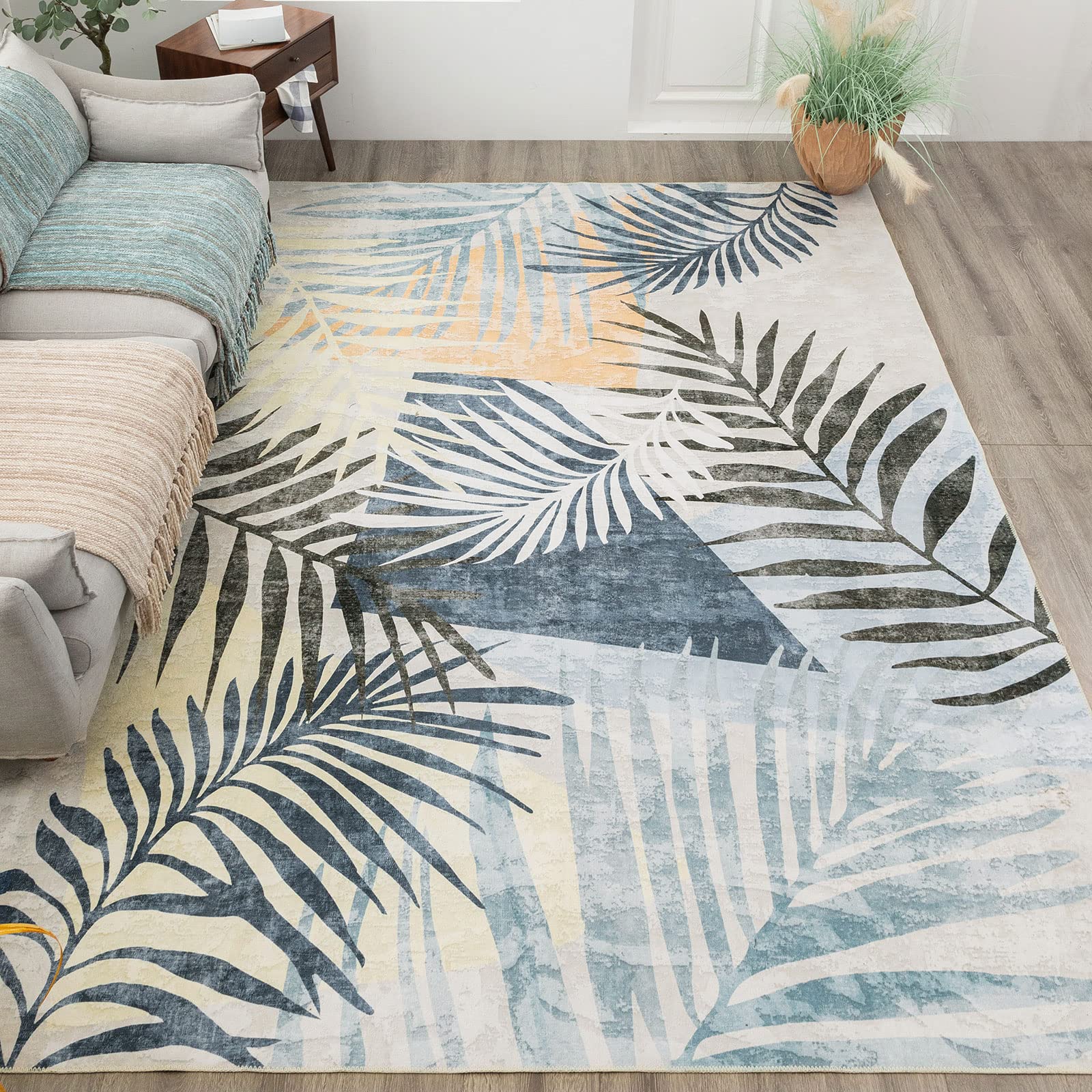Photo 1 of DECOMALL Jasmine Washable Area Rugs 5x7, Natural Leaves Rug with Rubber Backing, Foldable Non Slip Carpet for Living Room Bedroom Dinning Room, 5x7ft, Multi
