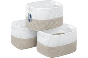AUSSIY 3 Pack Rope Baskets for Storage Basket, Cotton Rope Woven Basket with Handles. Blanket Basket for Storing Clothes, Toys, Books, Shelves etc, 15''L x 10''W x 9.5''H,Brown/Off White