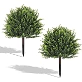 24" Artificial Plants Topiary Cedar Tree Outdoor, Set of 2 Faux Plants Outdoor UV Resistant Fake Shrubs for Front Porch Garden Decor with Ground Spike
