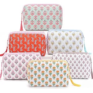 Kacctyen 6 Pcs Block Print Makeup Bags Cotton Quilted Blue Toiletry Makeup Bag with Tassel Flower Pouch Emergency Travel Toil