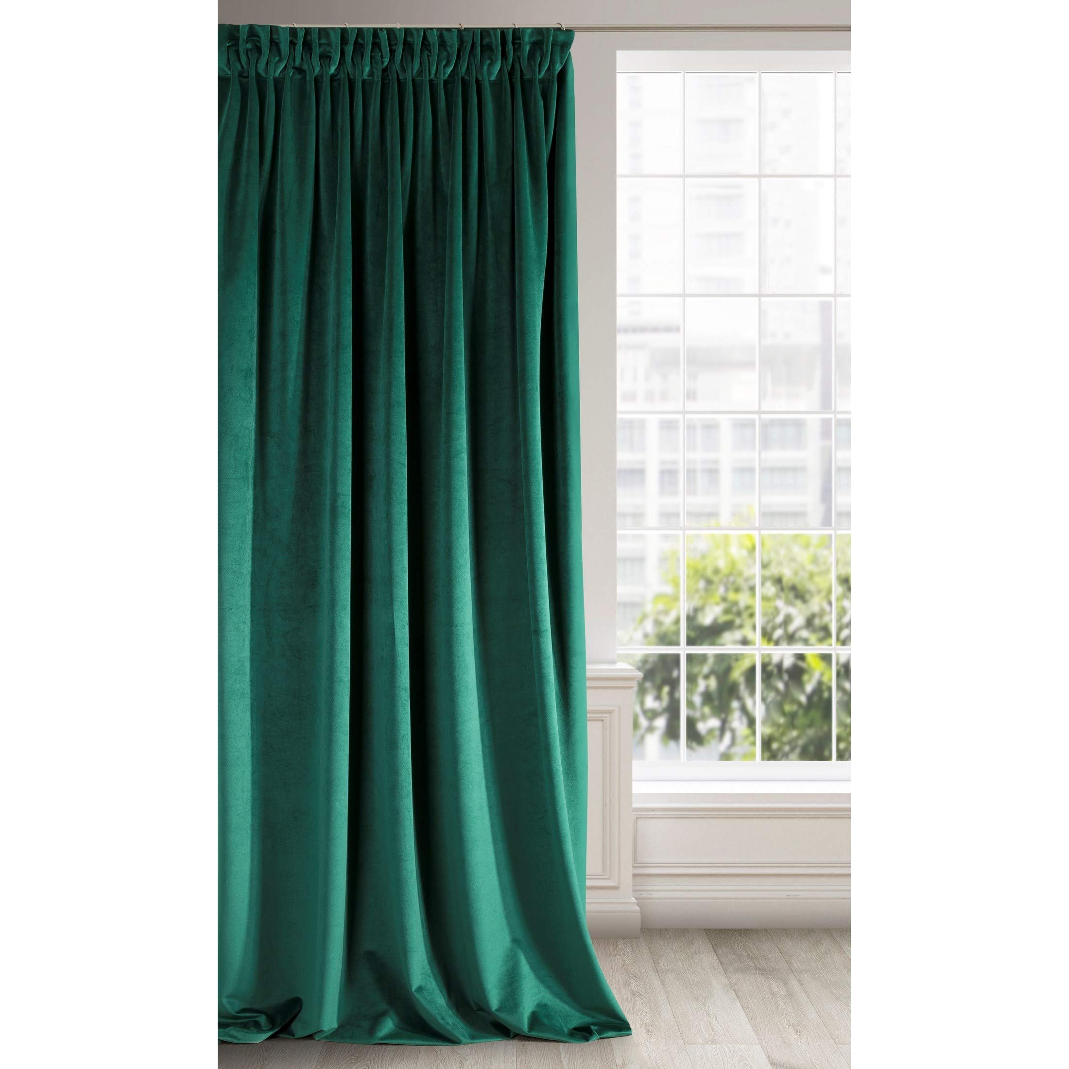 Eurofirany Soft Plain Opaque Velvet Curtain with Rufflette Tape For Rail - 1 Unit, Thick Fluffy Panel Drape Classic Glamour Elegant Living Room Bedroom, W55'' x L106'', 140x270 cm, Dark Green