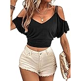 LilyCoco Womens V Neck T Shirts Sexy Cropped Cold Shoulder Tops Open Back Top