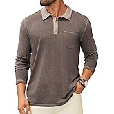 Hardaddy Men's Long Sleeve Casual Polo Shirts Collared Contrast Color Lightweight Golf Shirt with Pocket