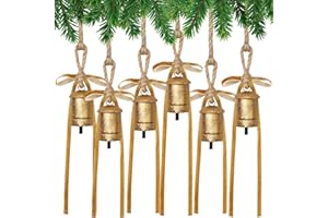 Suncalla 6 Pcs Rustic Gold Bells with 6 Pcs Khaki Velvet Bows Mini Handmade Hanging Ornament Decorative Antique Bells Velvet Bows for Xmas Tree Crafts Door Wreath Decoration DIY Party Supplies