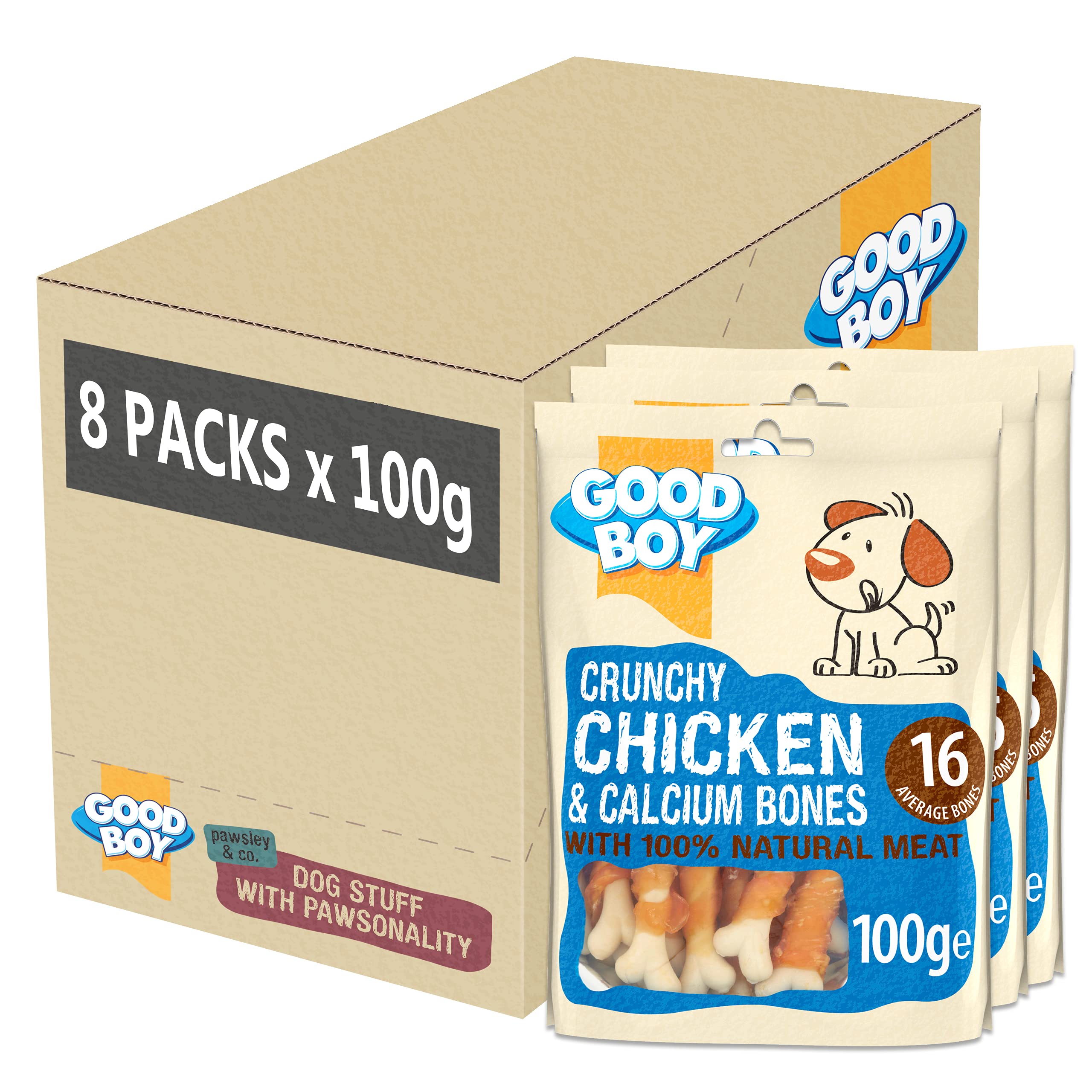 Good Boy - Crunchy Chicken and Calcium Bones - Dog Treats - Made with 100% Natural Chicken Breast Meat - 100 g ℮ - Low Fat Dog Treats - Case of 8