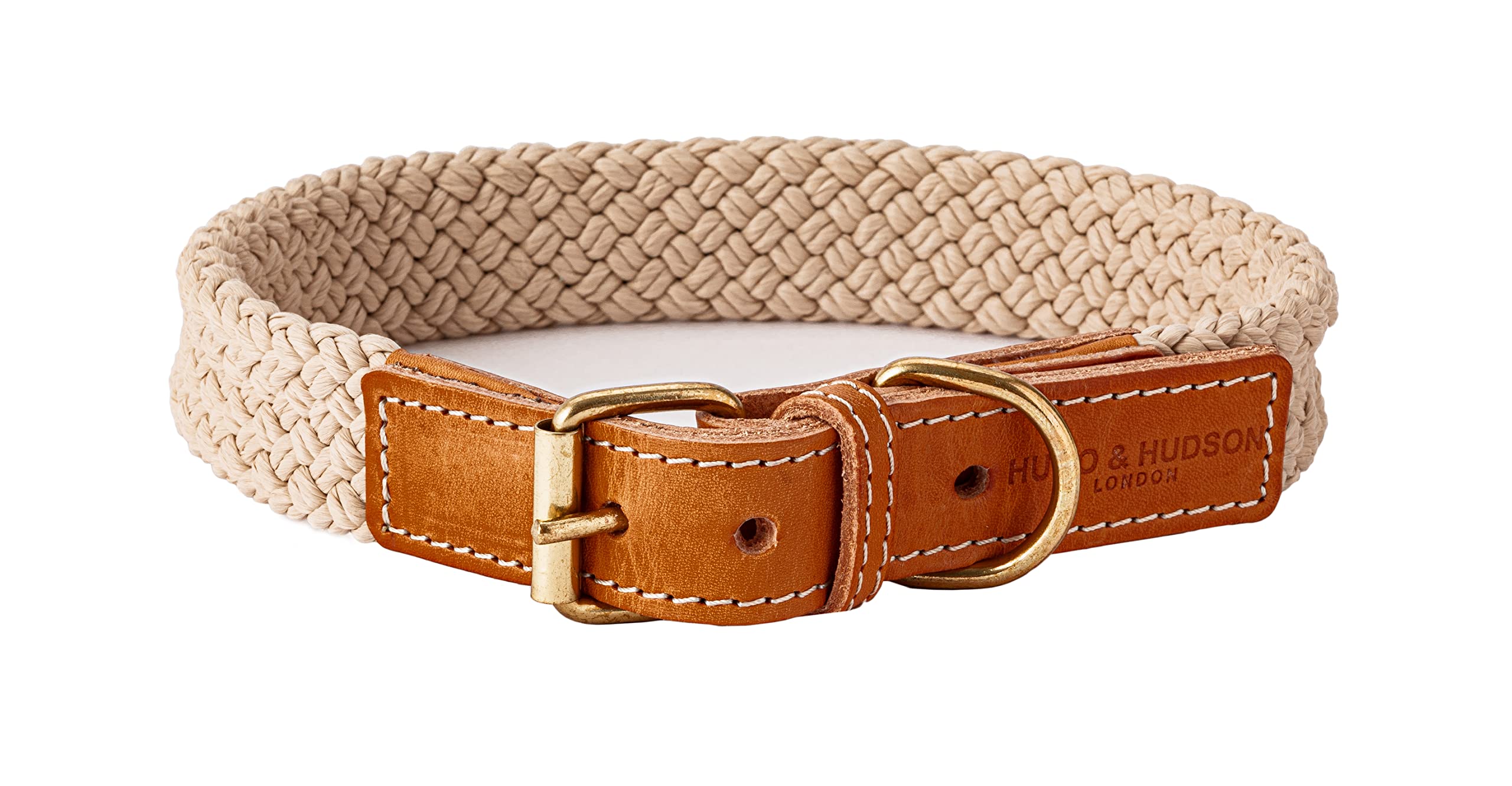 HUGO & HUDSON Luxury Dog Collar, Flat Rope and Leather with Adjustable Metal Buckle, Tan 65cm