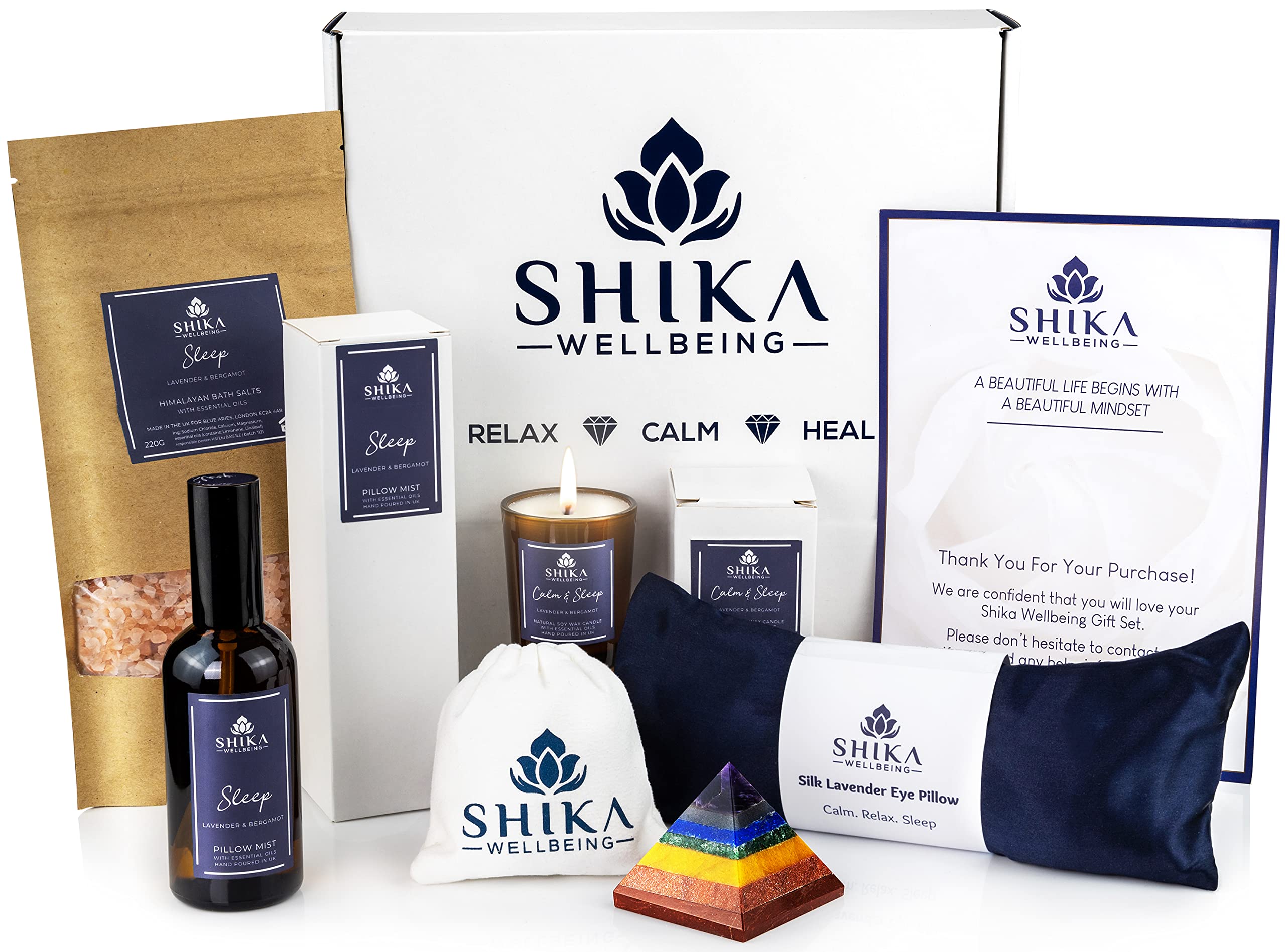 Shika Wellbeing LUXURY SLEEP WELL Pamper Gift Set for Women 100% Silk Lavender Eye Pillow, Pillow Mist, Aromatherapy Candle, Relaxing Bath Salts, 7 Chakra Pyramid Crystal MADE IN UK — image 1
