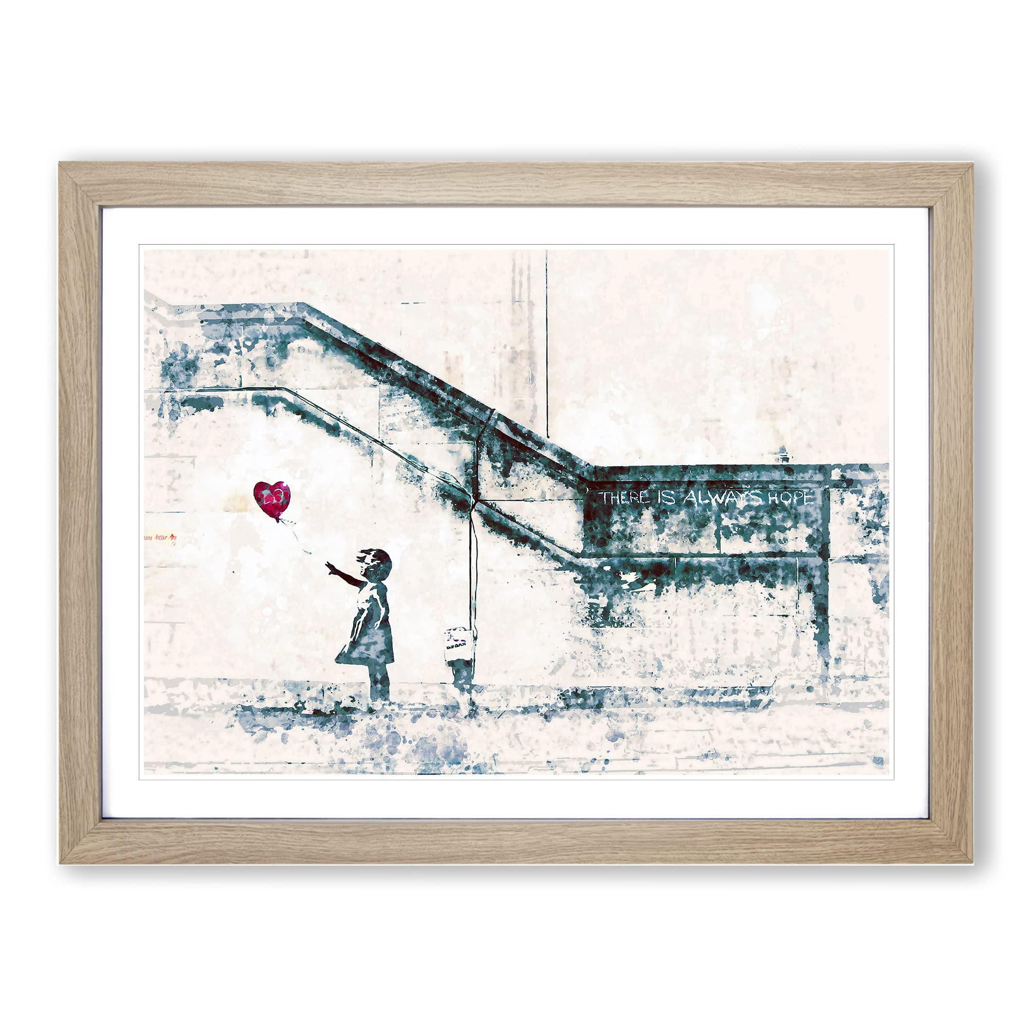 There Is Always Hope Girl With Red Balloon By Banksy In Abstract Modern Art Framed Wall Art Print, Ready to Hang Picture for Living Room Bedroom Home Office Décor, Oak A4 (34 x 25 cm)
