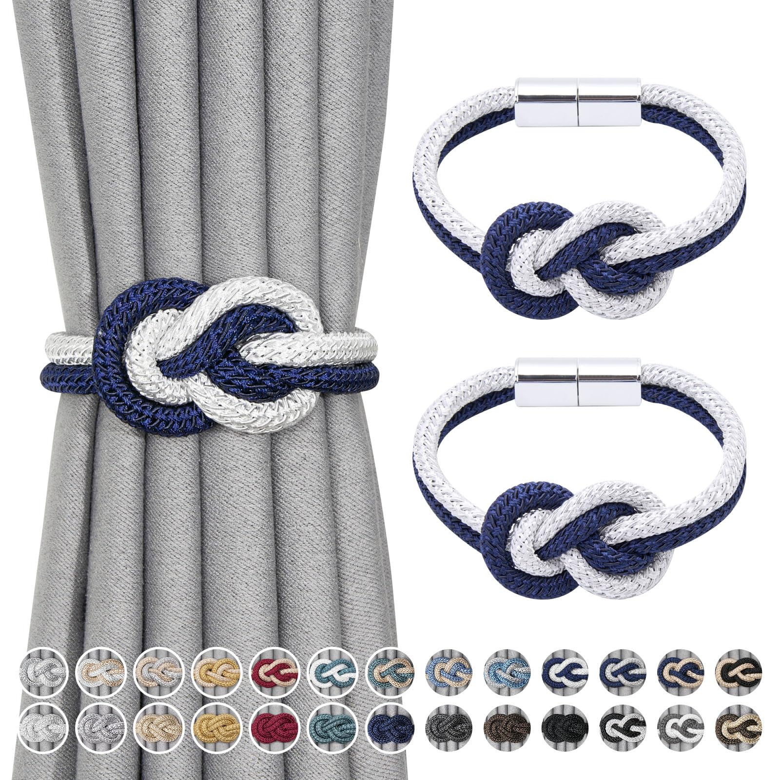 Pretty Jolly 2 Pack Mini Magnetic Curtain Tiebacks Nordic Simple Style Drape Tie Backs Elegant Hand Weave Rope Knot Decorative Curtain Holdbacks for Home & Office Window Drapery (Dark Blue & White)