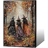 Vintage Halloween Canvas Wall Art Beautiful 3 Witches In The Forest Art Poster Rustic Fall Season Witches Painting Halloween Aesthetic Decor Prints For Living Room Bedroom Apartment 12x16in Unframed
