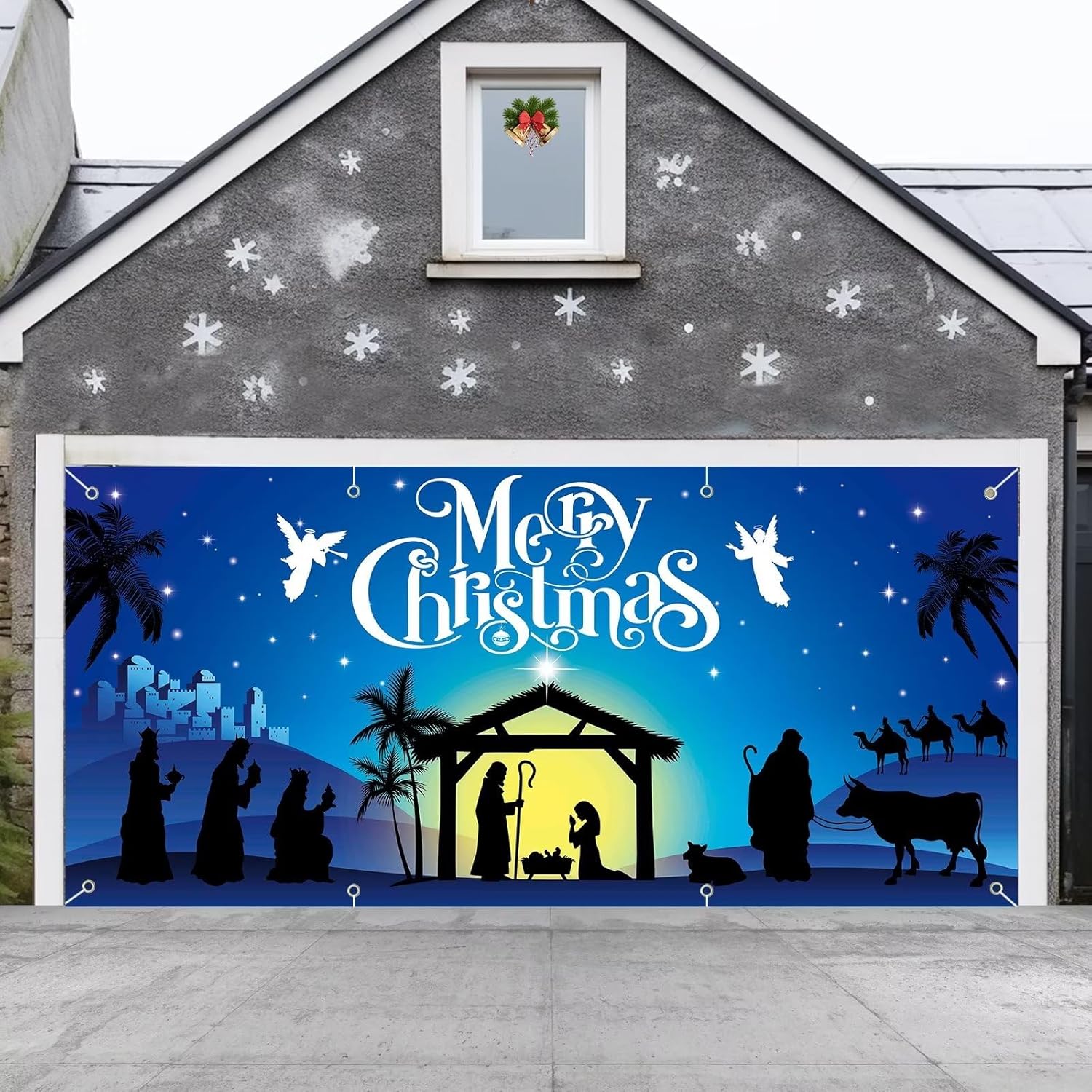 Garage Door Decorations - Holy Nativity Christmas Garage Door Decorations, Manger Scene Garage Door Murals, 13 x 6 ft Religious Blue Christmas Backdrop Decorations with Suction Cups Ropes for Garage Outdoor Indoor