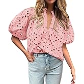 BTFBM Womens Blouses Summer Hollow Out Eyelet Embroidery Tops V Neck Buttons Puff Sleeve Boho Shirts Spring Fashion 2026