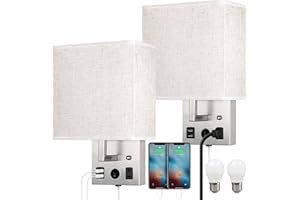 CADUKE Bedside Wall Lamp Set of 2, Plug in Wall Light with USB Charging Ports and AC Outlet Socket, Brushed Nickel Modern Wall Sconces with Plug in Cord for Bedroom Living Room, E26 LED Bulb Included
