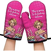 This is Going to Be Fxxking Delicious Funny Pink Oven Mitts with Hanging Loop and Silicone Non-Slip, Retro Housewife Cooking Baking Kitchen Utensils 2-Piece Set, Gifts for Mom Wife BFF