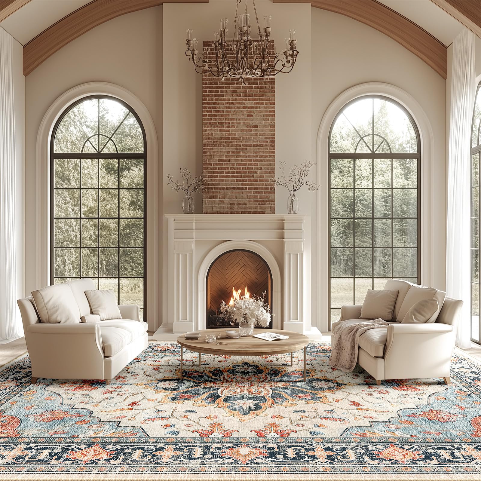 Photo 1 of RELEANY Area Rugs 10'x14' Washable Non-Slip, Floral Vintage Distress Print Pattern Medallion Carpet for Living Room Bedroom Dining Room, Beige Navy Blue Orange Colorful