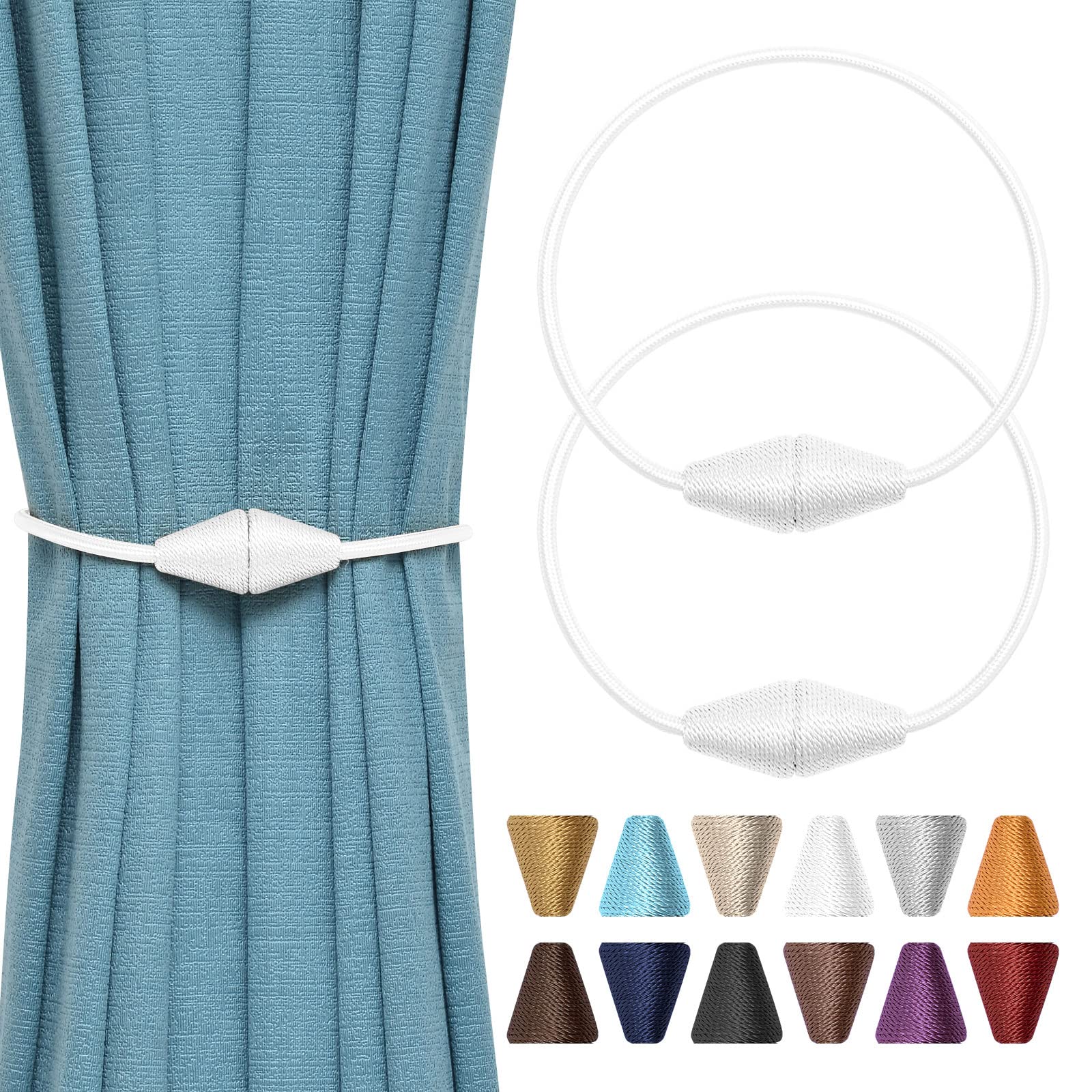 Pretty Jolly 2 Pack Upgrade Magnetic Curtain Tiebacks Handmade Weave Rope Curtain Holdbacks Convenient Decorative Cone Curtain Drape Tie Backs for Home & Office Window Drapery (White)