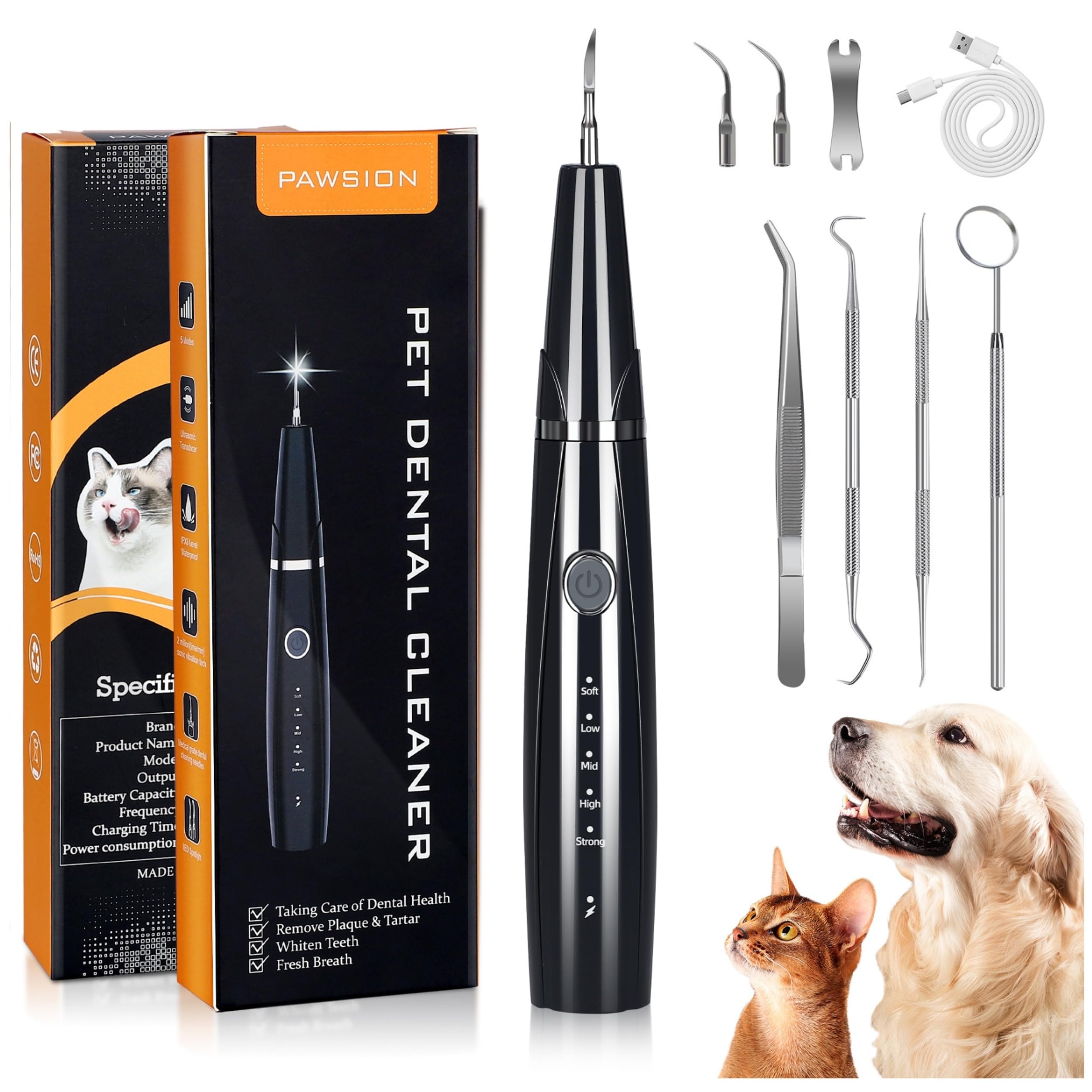 PAWSION Dog Plaque and Tartar Remover for Teeth, Ultrasonic Pet Tooth Cleaner, Electric Teeth Cleaning Kit for Dogs and Cats, 5 Modes, LED Light, 3 Cleaning Heads, Rechargeable