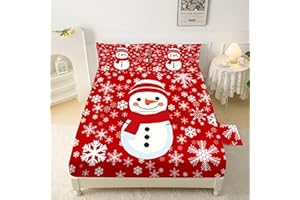 EDGZKO Christmas Fitted Sheet Set: Twin Size Xmas Snowman Red Bed Sheets for Kids Teen Girls Winter Snowflakes Christmas Decor Bedding Set 1 Fitted Sheet & 1 Flat Sheet & 1 Pillowcase