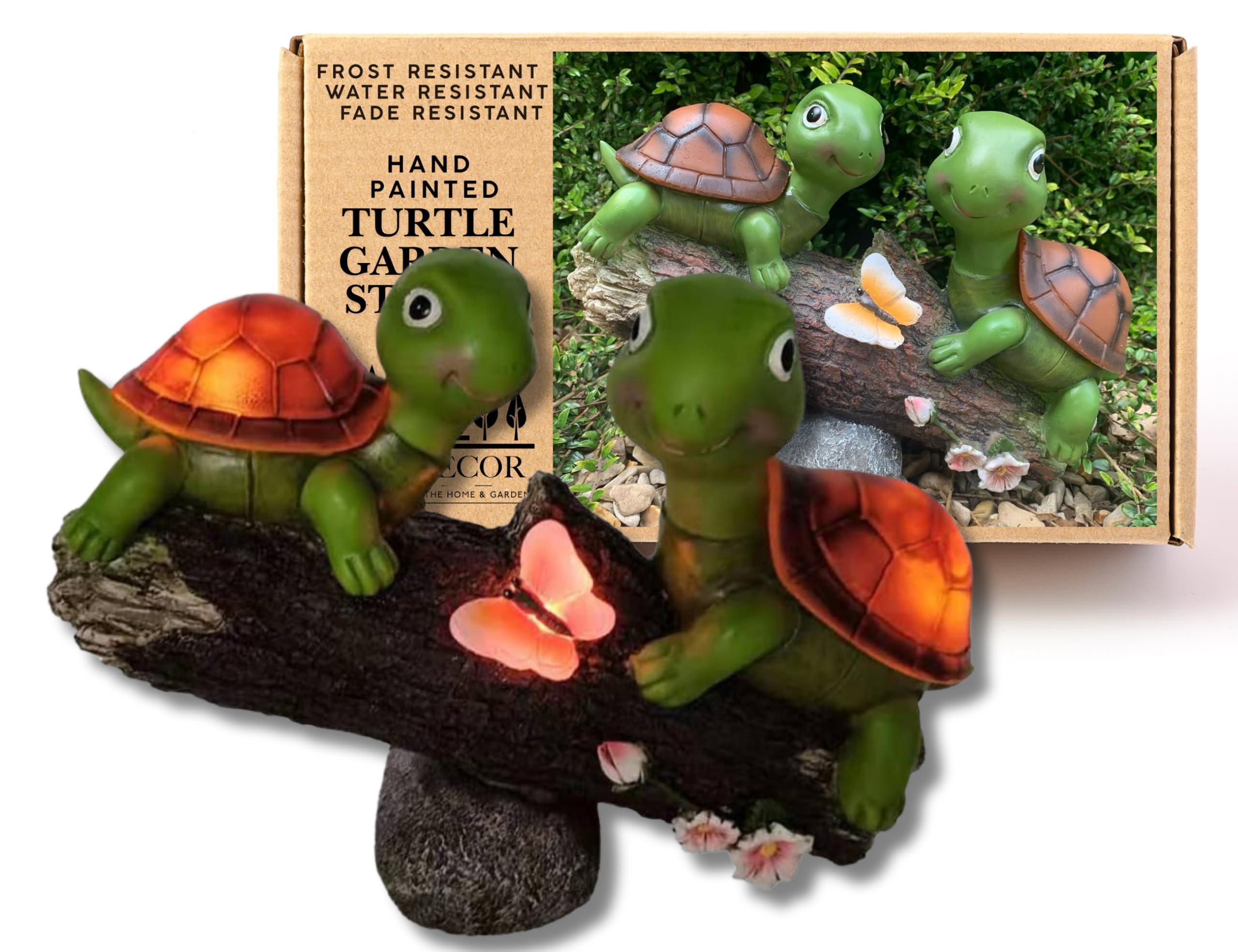 Solar Turtle Statue Garden Ornaments - Hand Painted Outdoor Decorations - Garden Tortoise Figurine Decor with Solar Powered LED Lights - Decor for Patio Balcony Lawn - Unique Housewarming Gifts