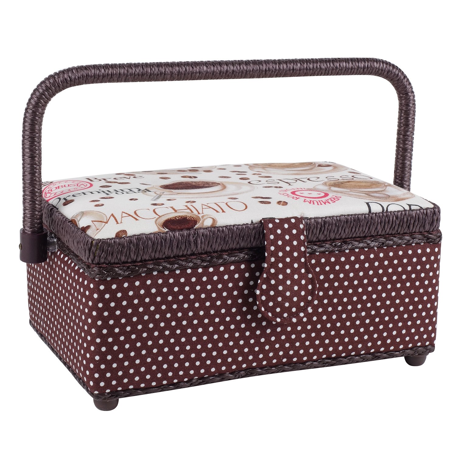Prym White Polka Dot & Coffee Print Fabric Sewing Basket-Small, Cotton, Brown & Cream, 26x21x12 cm