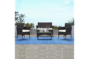 TINKLE WELL Patio Furniture, 4 Piece Conversation Set, Outdoor Wicker Rattan Table and Chairs, Sectional Sofa with Thick Cushion for Garden, Yard, or Porch, Dark Black