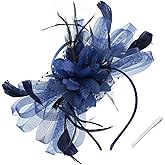 WATAME Women's Fascinators Feathers Mesh Ribbons Tea Party Hats with Headband and Clip Fascinator Hat (Navy)