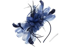 WATAME Women's Fascinators Feathers Mesh Ribbons Tea Party Hats with Headband and Clip Fascinator Hat (Navy)