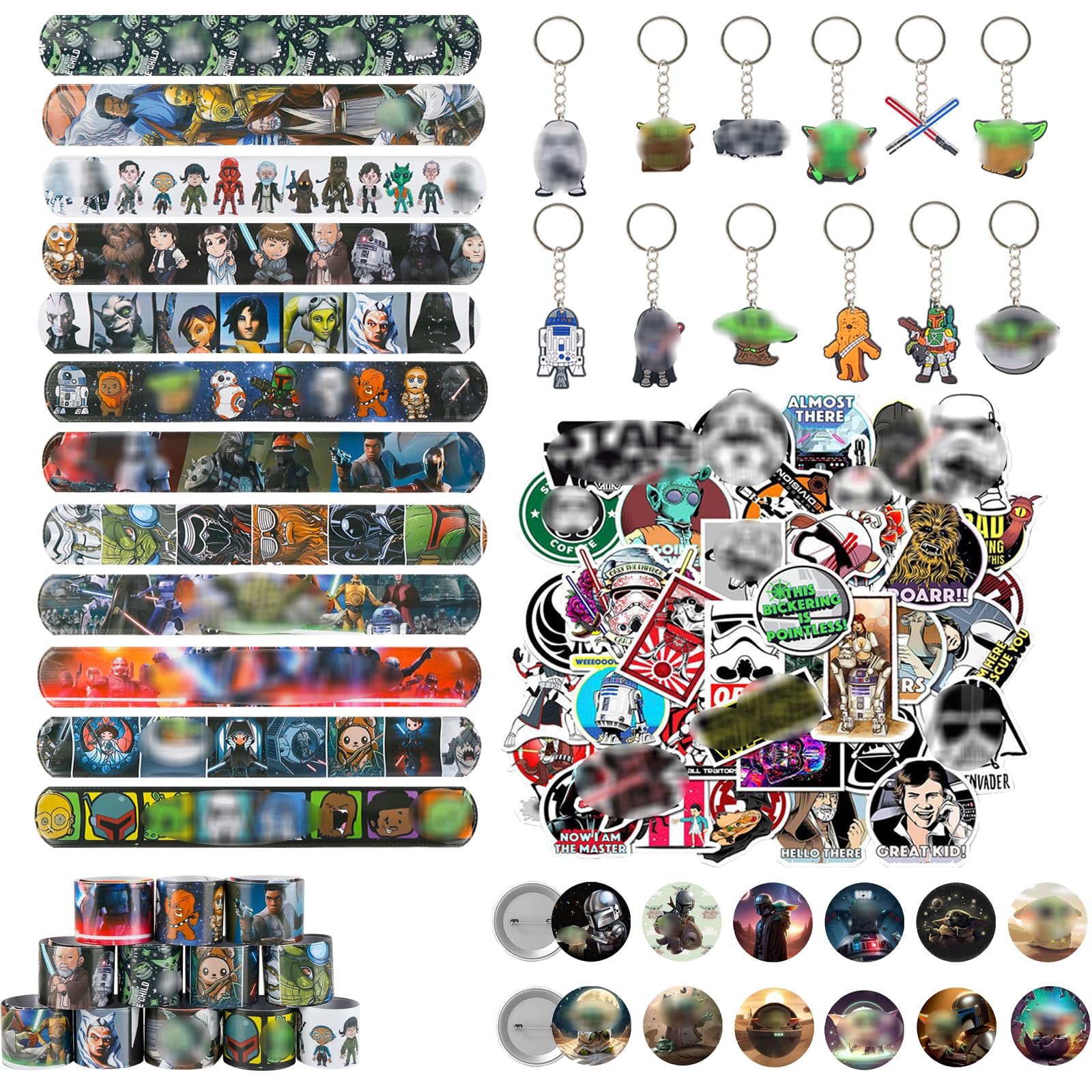 Ainvliya 86pcs Star Party bag Fillers, 50pcs Stickers, 12pcs Slap Bands, 12 Keychain 12 Badge Supplies for Kids Boys Girls