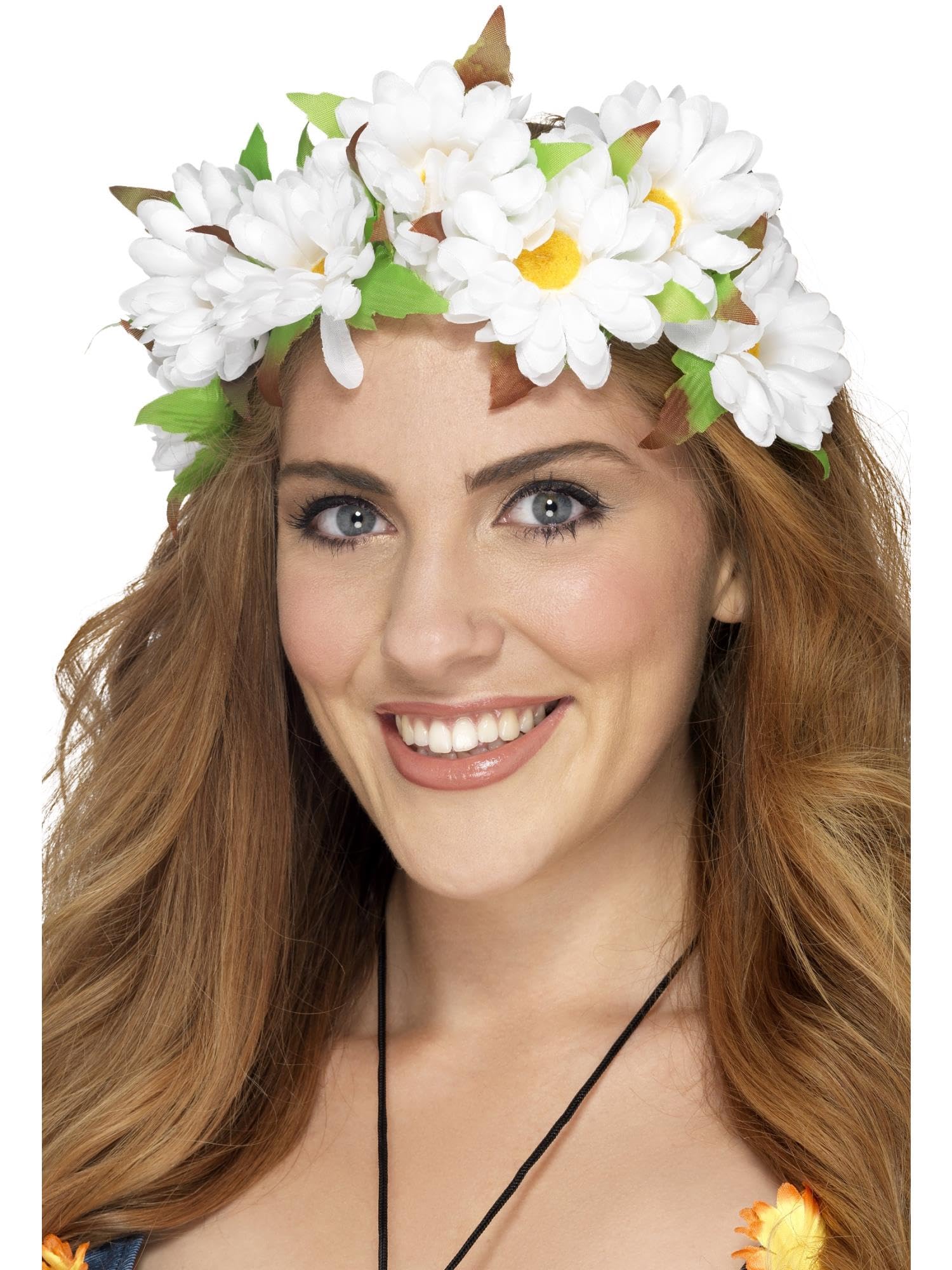 Smiffys Daisy Floral Headband, White , 1960's Groovy Fancy Dress, Hawaiian Dress Up Accessories