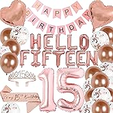 15th Birthday Decorations for Girls Rose Gold 15th Happy Birthday Tiara Sash Hello Fifteen Party Supplies Number 15 Balloons 15 Years Old Bday Party Kit for Her Girl (Rose gold)
