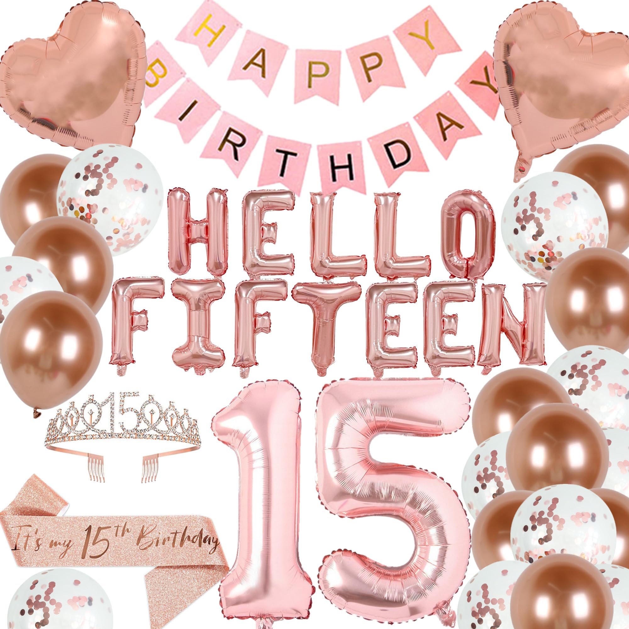 Photo 1 of 15th Birthday Decorations for Girls Rose Gold 15th Happy Birthday Tiara Sash Hello Fifteen Party Supplies Number 15 Balloons 15 Years Old Bday Party Kit for Her Girl (Rose gold)