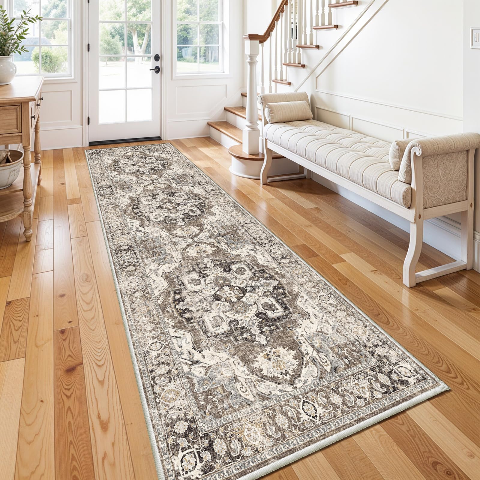 Photo 1 of 4x12 Washable Hallway Runner Rug: Soft Kitchen Rug Non Slip Rug Runner with Rubber Backing for Living Room Bedroom Non Shedding Farmhouse Carpet Runner Rug (Beige, 4x12)