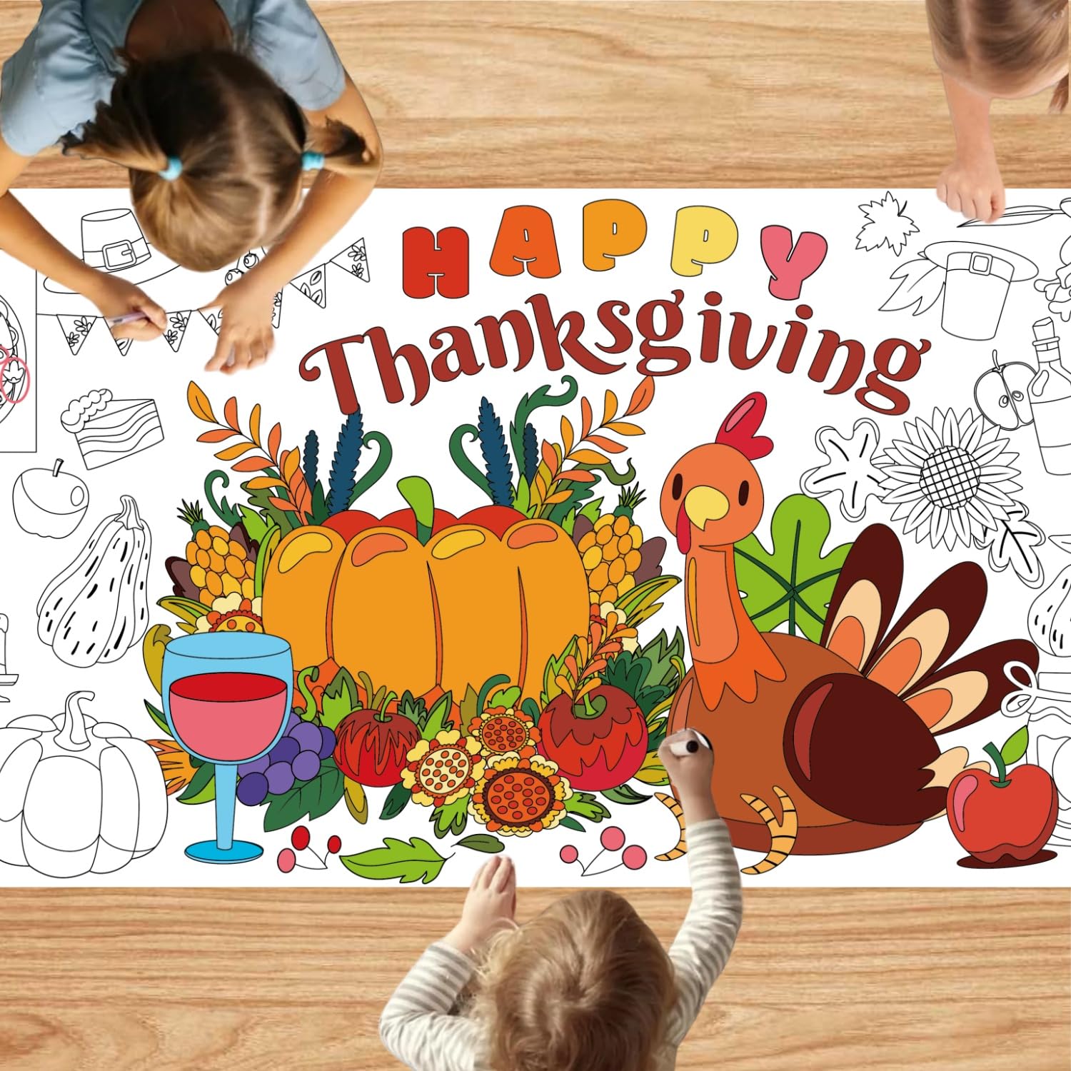 Mchochy 30 x 72 Inches Thanksgiving Giant Coloring Poster/Tablecloth, Paper Table Cover, Jumbo Paper Coloring Banner Games Activities for Kids Gifts, Thanksgiving Party Decorations