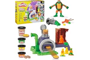 Play-Doh Teenage Mutant Ninja Turtles Slice & Blast Pizza Playset, Bendy 4 Inch Mikey Action Figure, Kids Arts & Crafts, TMNT