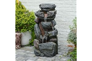 BUMILGAR The 5-Tiered Rock Water Fountain Outdoor&Indoor, 31.5’’H Floor-Standing Garden Fountains, Stone Feature and Waterfall with Lights for Patio, Backyard, Deck, Porch, Home DéCor, Gray