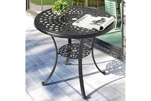 NUU GARDEN 31" Round Patio Bistro Table, Cast Aluminum Round Outdoor Bistro Table with Umbrella Hole for Poolside, Deck, Porch, Backyard, Balcony, Black with Gold-Painted Edge