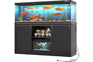 Hlivelood Farmhouse 75-120 Gallon Fish Tank Stand with Power Outlet, Aquarium Stand w/Cabinet&Sliding Barn Door, Heavy Duty Reptile Tank Stand for Fish/Turtle/Reptile Terrarium, 1000LB Capacity, Black
