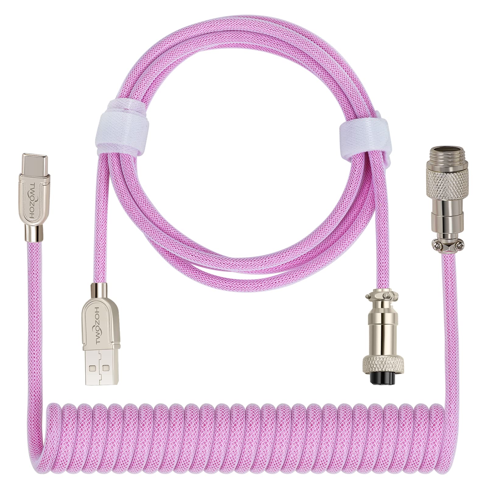 Twozoh USB C Keyboard Coiled Cable, Braided Detachable Aviator Double Sleeve Type C Mechanical Keyboard Cable (Pink) — image 1