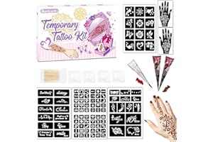 MUSELUXE Temporary Tattoo Kit for Teens & Adults – 3 Tattoo Pastes (2 Brown+Cherry Red), 100pcs Reusable Stencils, Outline Pen, Long Lasting Waterproof Body Art, DIY Skin Painting for Festivals, Parties Makeup