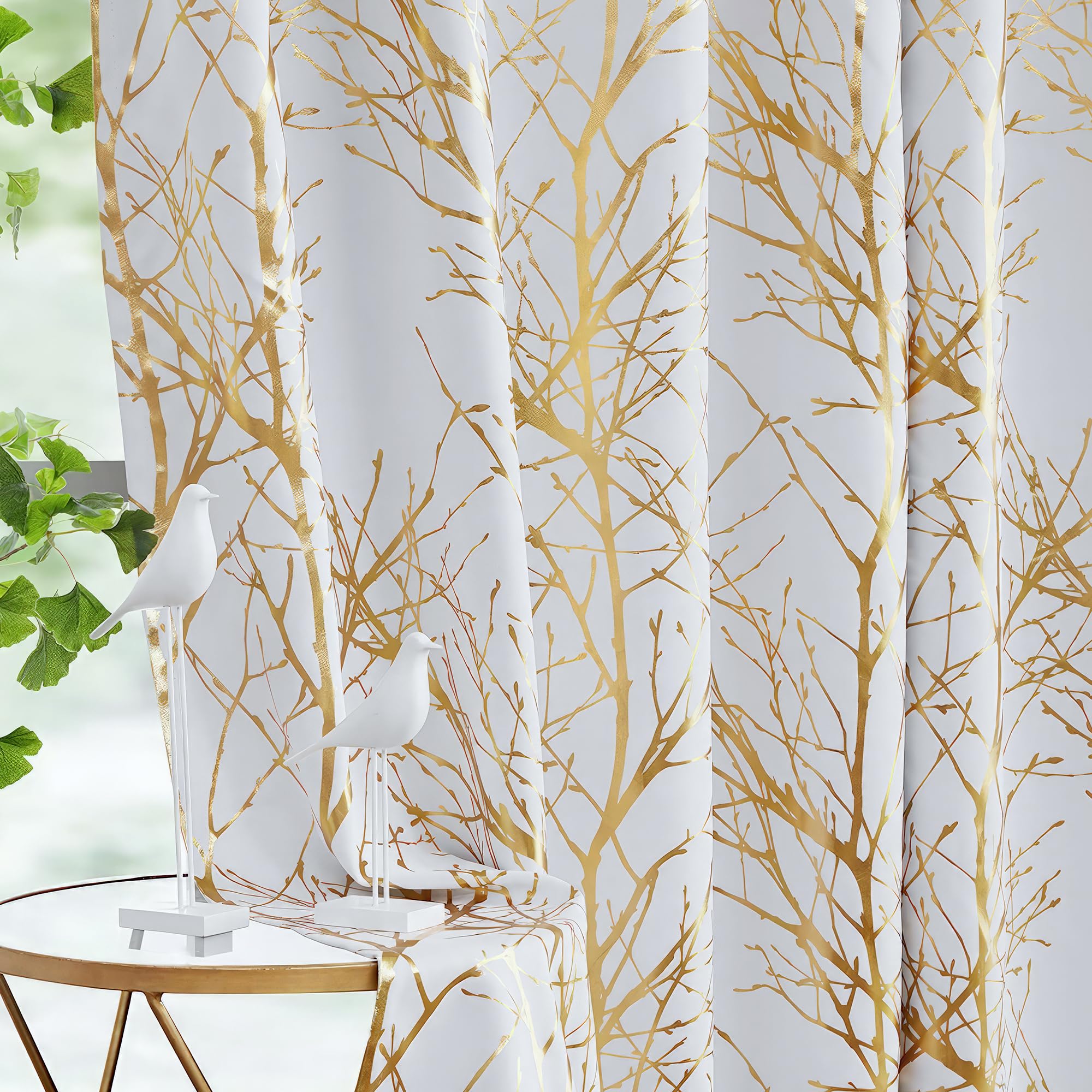 Fmfunctex Blackout Thermal Curtains for Bedroom 54 Inch Drop White Gold Eyelet Curtains for Living Room Branch Foil Print Room Darkening Energy Saving Window Curtain Drapes 2 Panels