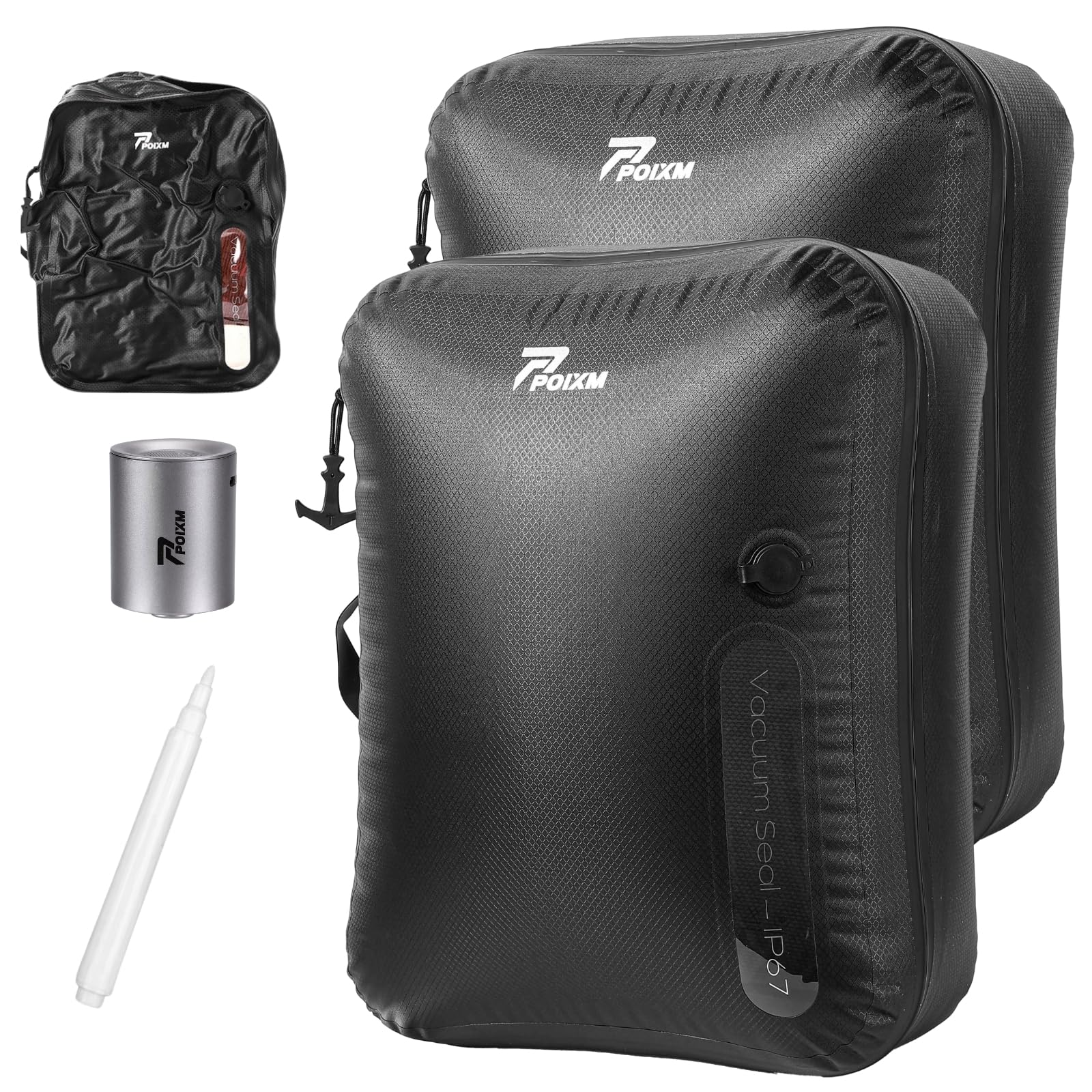 Photo 1 of POIXM Vacuum Bags for Travel with Wireless Pump, 180° Open Zipper, IP67 Waterproof, Reusable Space Saver Compression Bags for Backpack, Suitcase, Home Storage(2 Pack + Pump)