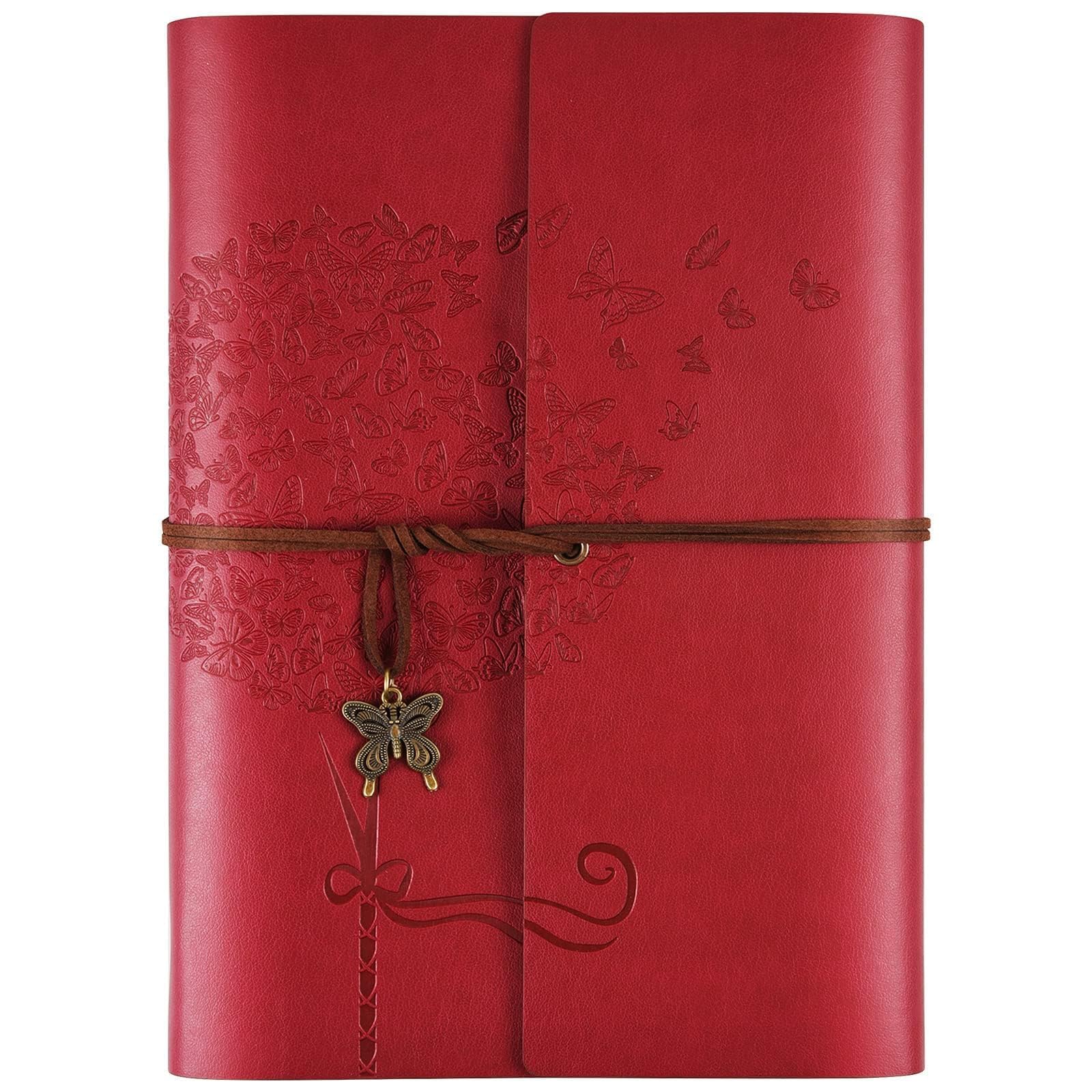 OMEYA Leather Journal Notebook, travel journals for women, refillable butterfly notebook lined personal diary writing notebook gifts A5 16.5 x 23.4cm (red)