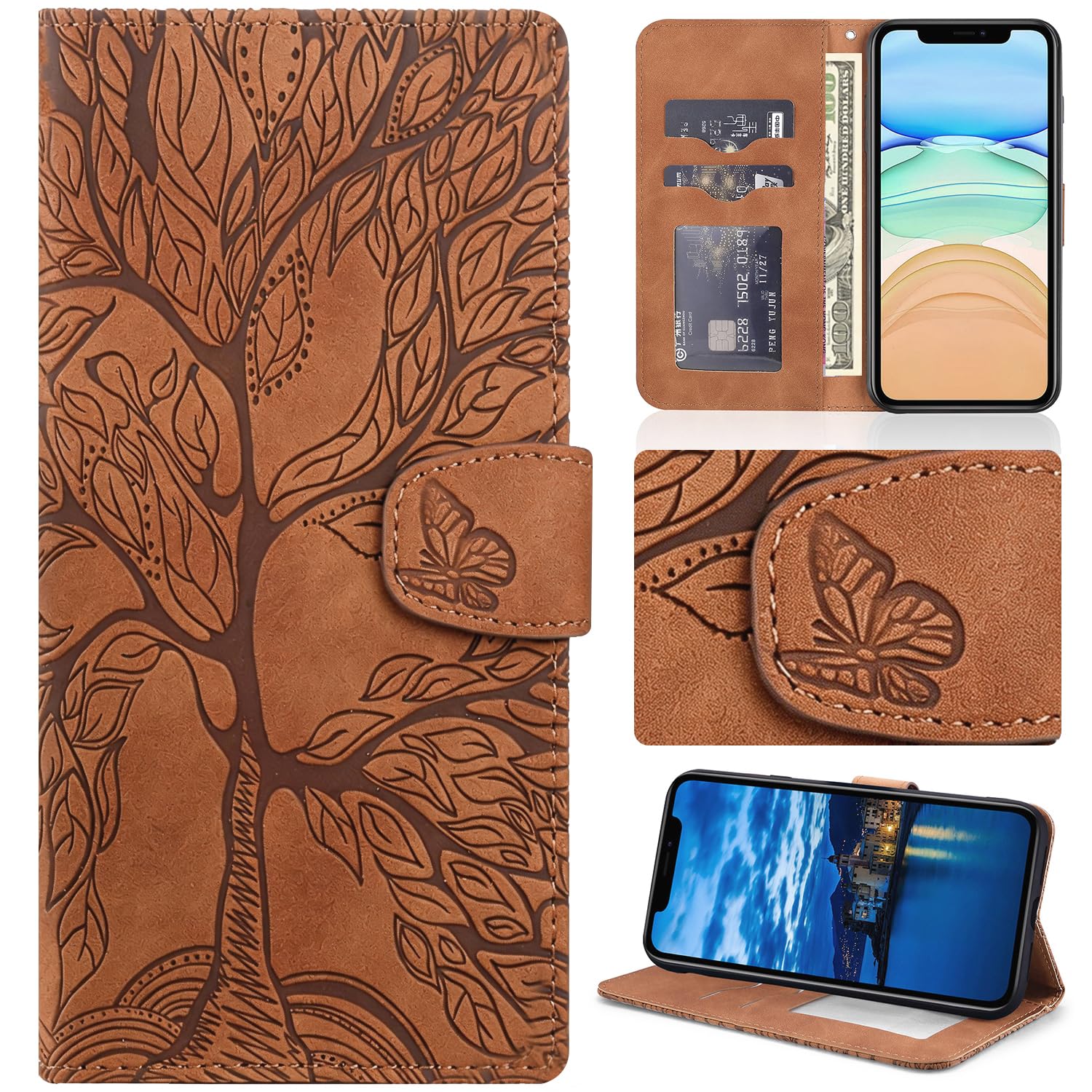 Aisenth for iPhone XS Max Flip Case, The Tree of Life Embossed PU Leather Wallet Phone Folio Case Magnetic shockproof Protective Cover with Stand function, Card Slots + 1 pcs Wrist Strap (Brown) — image 1