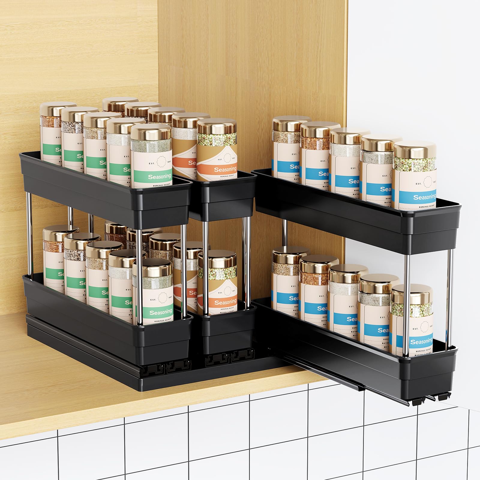 Photo 1 of Mystozer 3 Packs Pull Out Spice Rack Organizer for Cabinet, Vertical Spice Rack Pull Out, Heavy Duty Slide Out Seasoning Organizer, 2.3''Wx10.35''Dx8.26''H, 3 Drawers 2 Tiers(Black)