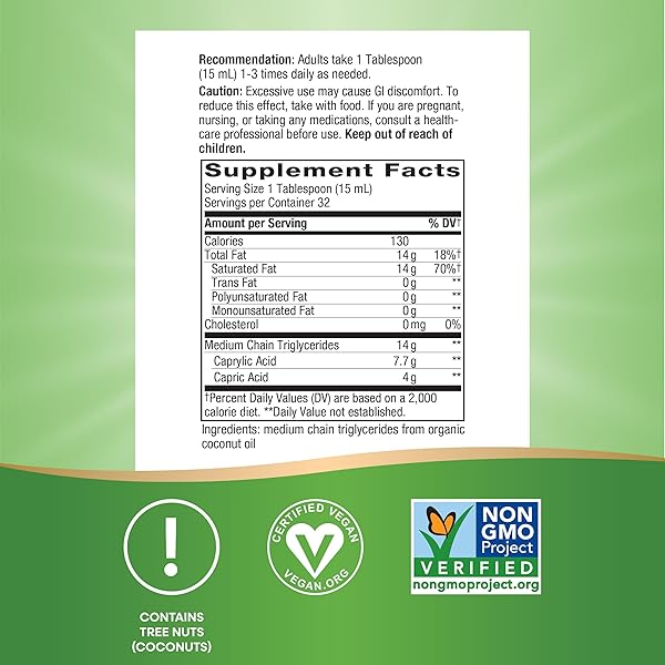 NATURE’S WAY ORGANIC MCT OIL, BRAIN AND BODY FUEL*, LIQUID COCONUT MCT OIL WITH C8 CAPRYLIC & C10 CAPRIC ACIDS, 14 G MEDIUM CHAIN TRIGLYCERIDES PER SERVING, KETO & PALEO CERTIFIED, NON-GMO, 16 FL OZ