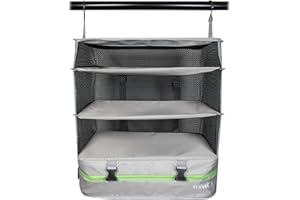 Grand Fusion Stow-N-Go Portable Hanging Travel Shelves, Packing Organizer for Luggage. Carry on Closet with Hanger for Clothes and Storage Compartment, Travel Essentials from Large, Light Gray