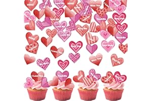 Fyeoxle 88PCS Edible Heart Cupcake Toppers Sweet Love Be Mine Kiss Me Heart Cupcake Picks Happy Valentine's Day Heart Cake Decor for Valentine's Day Theme Party Decoration Supplies