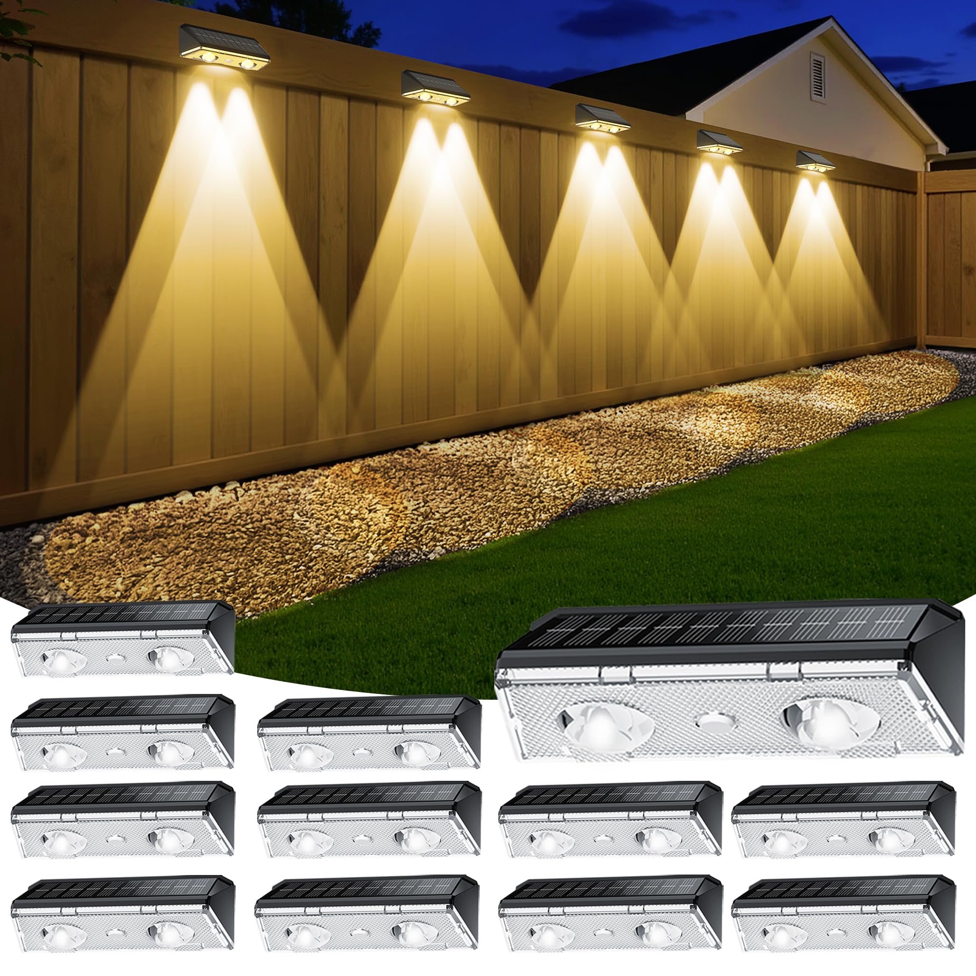Photo 1 of KEILAIMO Solar Fence Lights Outdoor, 12 Pack IP65 Waterproof Fence Lights Solar Powered with Ultra-Bright LED Lens, 9 Color Modes, 12+ Hours Steady Glow for Deck/Backyard/Patio/Pool/Wall - Black
